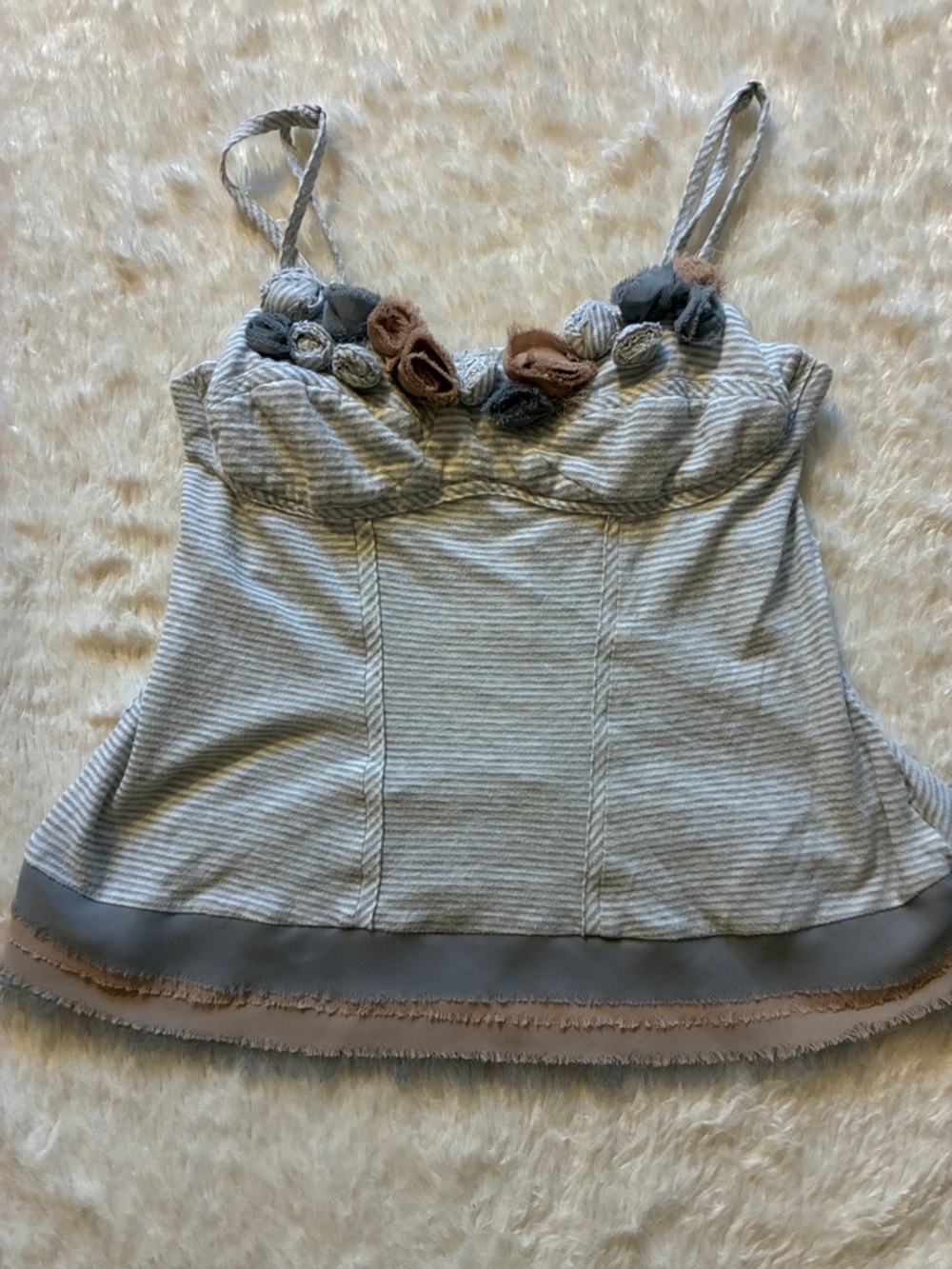Striped Spaghetti-Strap Camisole with Rosette Accent - Gray & Taupe.